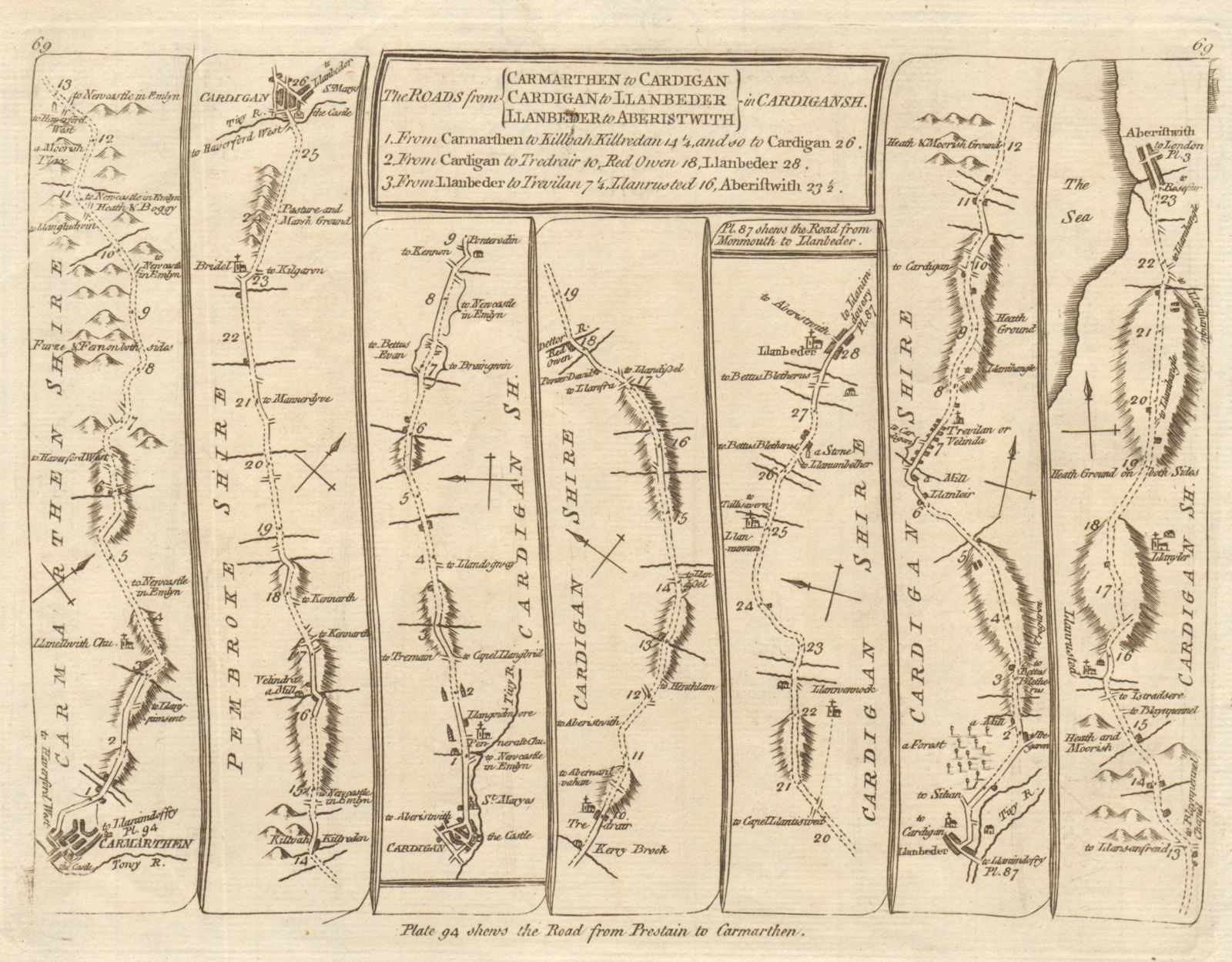 Carmarthen Cardigan Llanhennock Llanbedr Aberystwyth. KITCHIN road map 1767